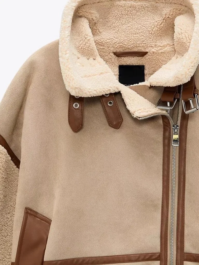 Automne hiver femmes motard Sle ample fourrure et cuir Jaet eepskin Patchwork manteau Polyester Long Sve fermeture à glissière