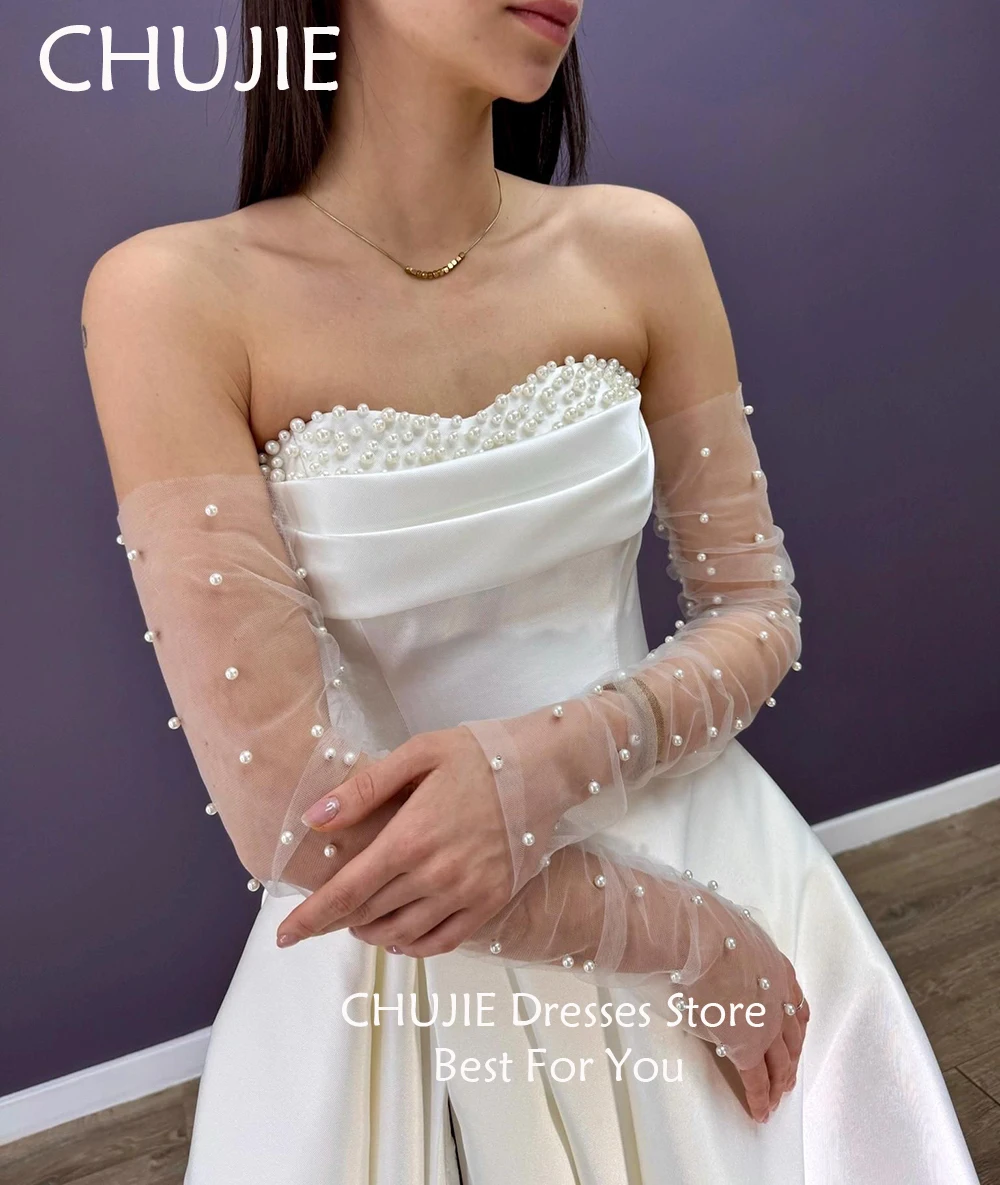 ชุดแต่งงานแบบจีบระบายประดับมุก ผ้าซาตินคลาสสิก ชุดเจ้าสาวผู้หญิง สง่างาม สามารถสั่งตัดได้ ชุดแต่งงานผ่าข้าง