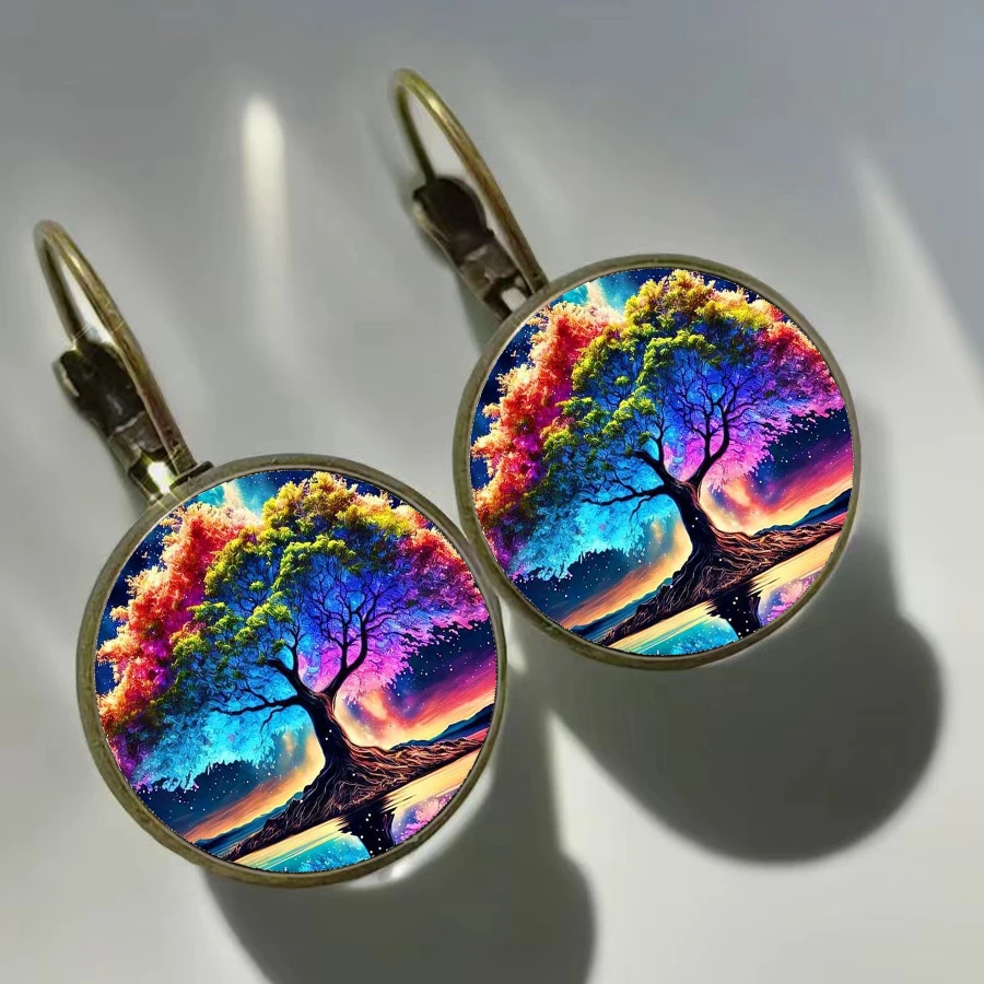 Dream Moon Tree Earrings Hot Selling Colorful Moon Picture Glass Convex Round Earrings for Women\'s Birthday Gifts Jewelry