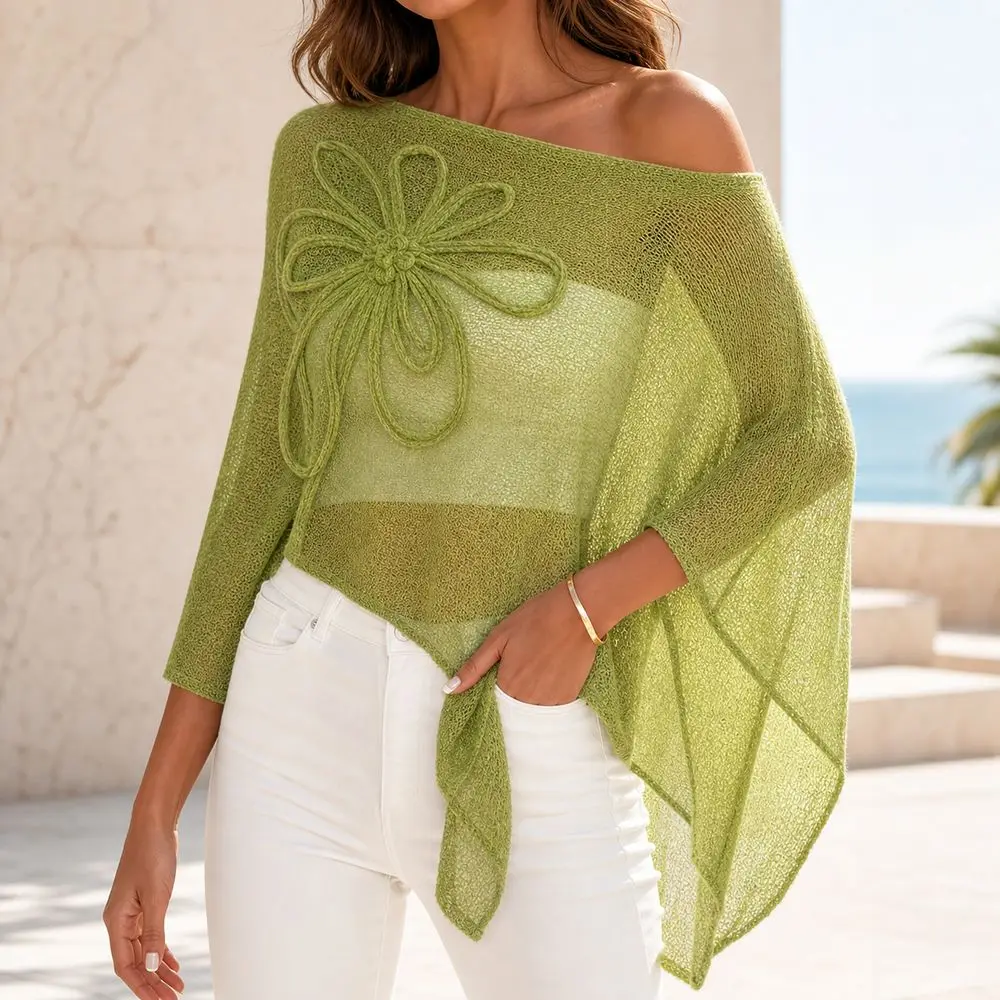 Off Shoulder Poncho Tops Sheer Design Floral Pattern Crochet Poncho Crochet Knit Asymmetrical Cut Shawl Sweater Beach Wear