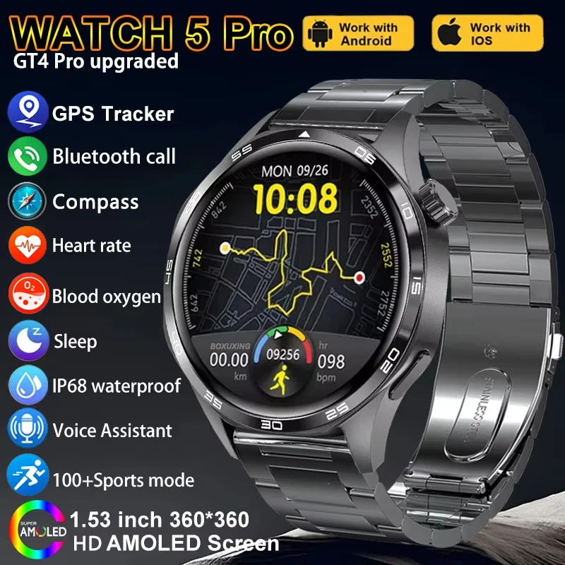 Watch 5 Pro Smart Watch Heart Rate Health Monitor Bluetooth Call NFC GPS Track Compass Waterproof SmartWatch Men For Android iOS