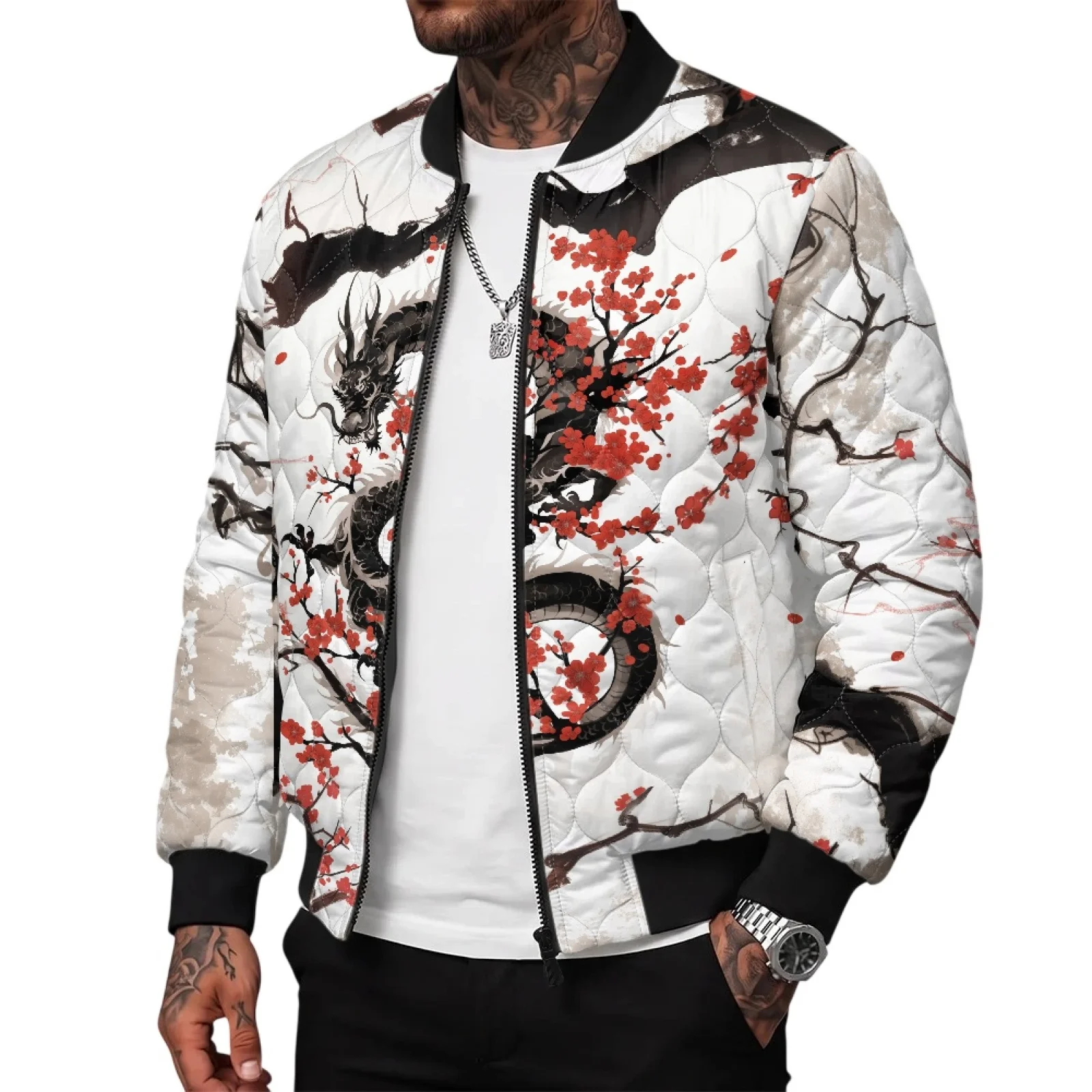 PENSTROLL Dragon Plum Blossom Men Light Padded Long Sleeve Jacket with Zipper Front Water-Resistant Cardigan Puffer Jacket