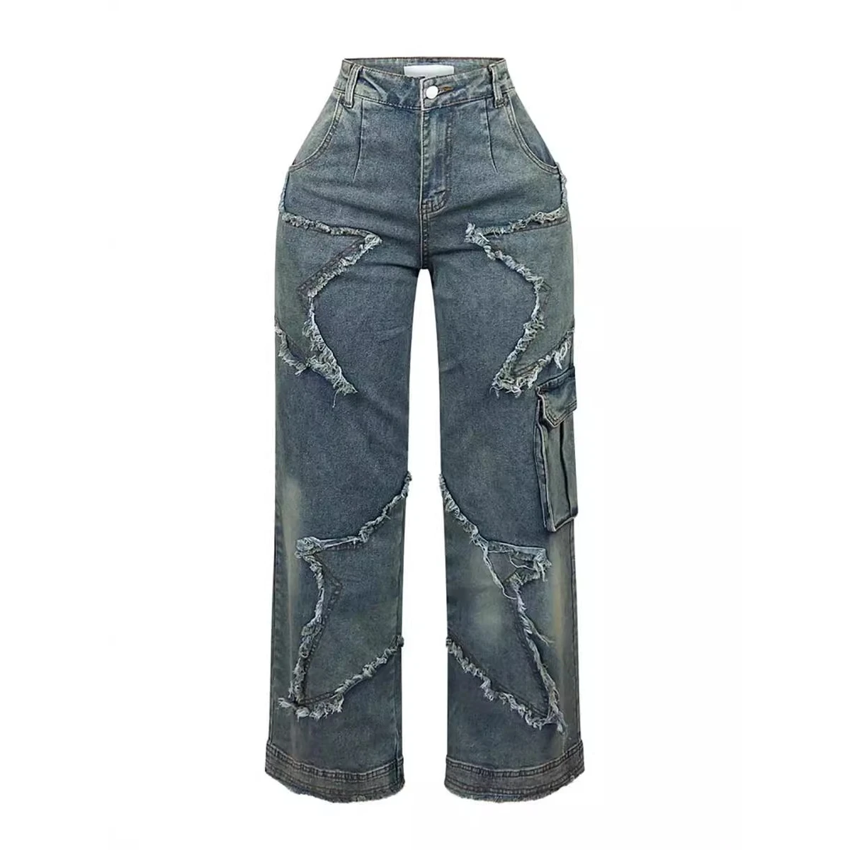 Losse casual damesjeans met rechte pijpen, gerafelde zoom, lamsfluwelen stof, herfst winter, nieuwe Sle Star kwastje, wijde pijpen broek