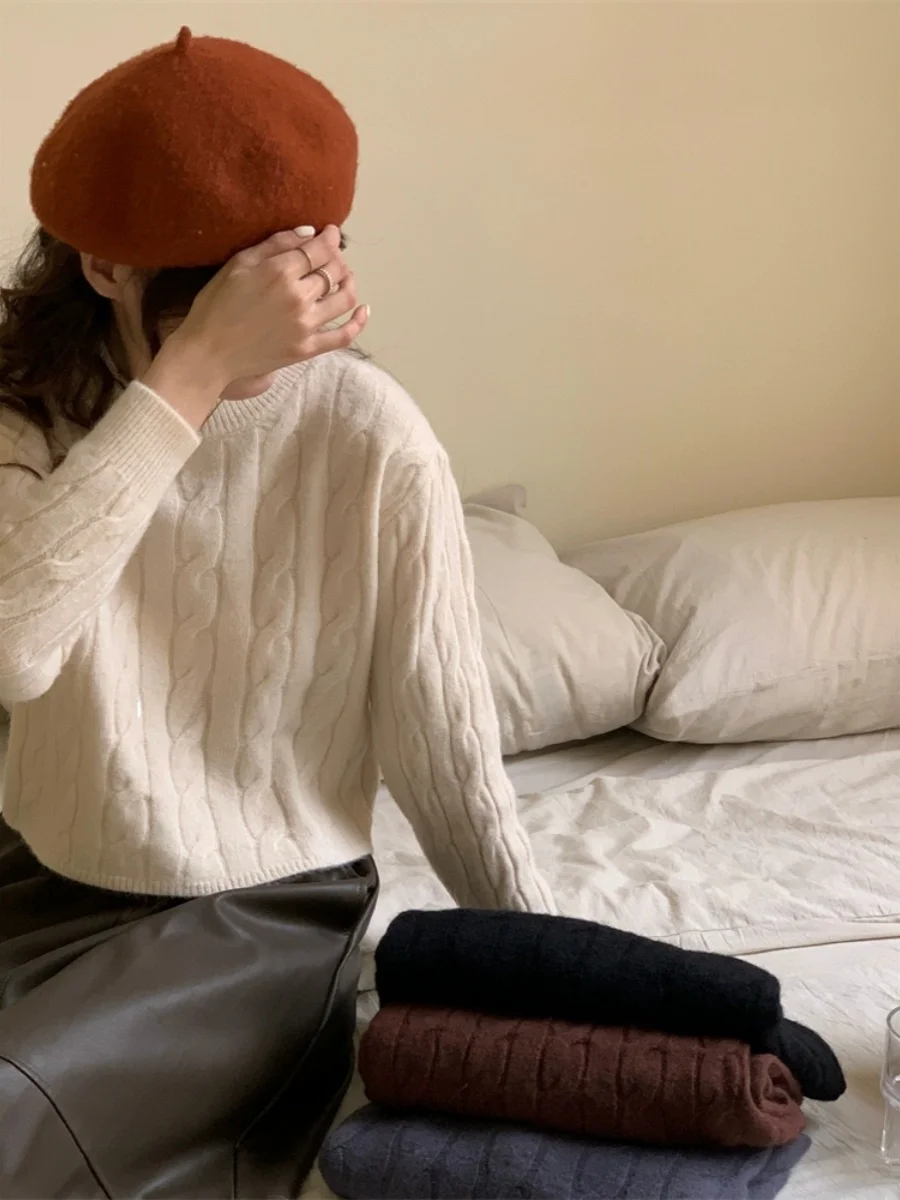 

Thiened Basic Sle round Ne Twist Sweater Gentle Ele Aosphere Commute Long Sve Knitted Woolenwear Pure Color