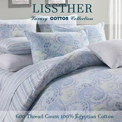 3pcs 600TC 100% Egyptian Cotton Duvet Cover Set, Vintage Blue Damask Paisley, Soft Skin-Friendly (No Inserts)