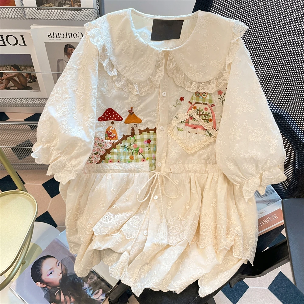 

Forest Style Lace Embroidered Shirt Sweet Fashionable Peter Pan Collar Short Sleeved Tie Top 2025 Women's Spring Summer Shirt