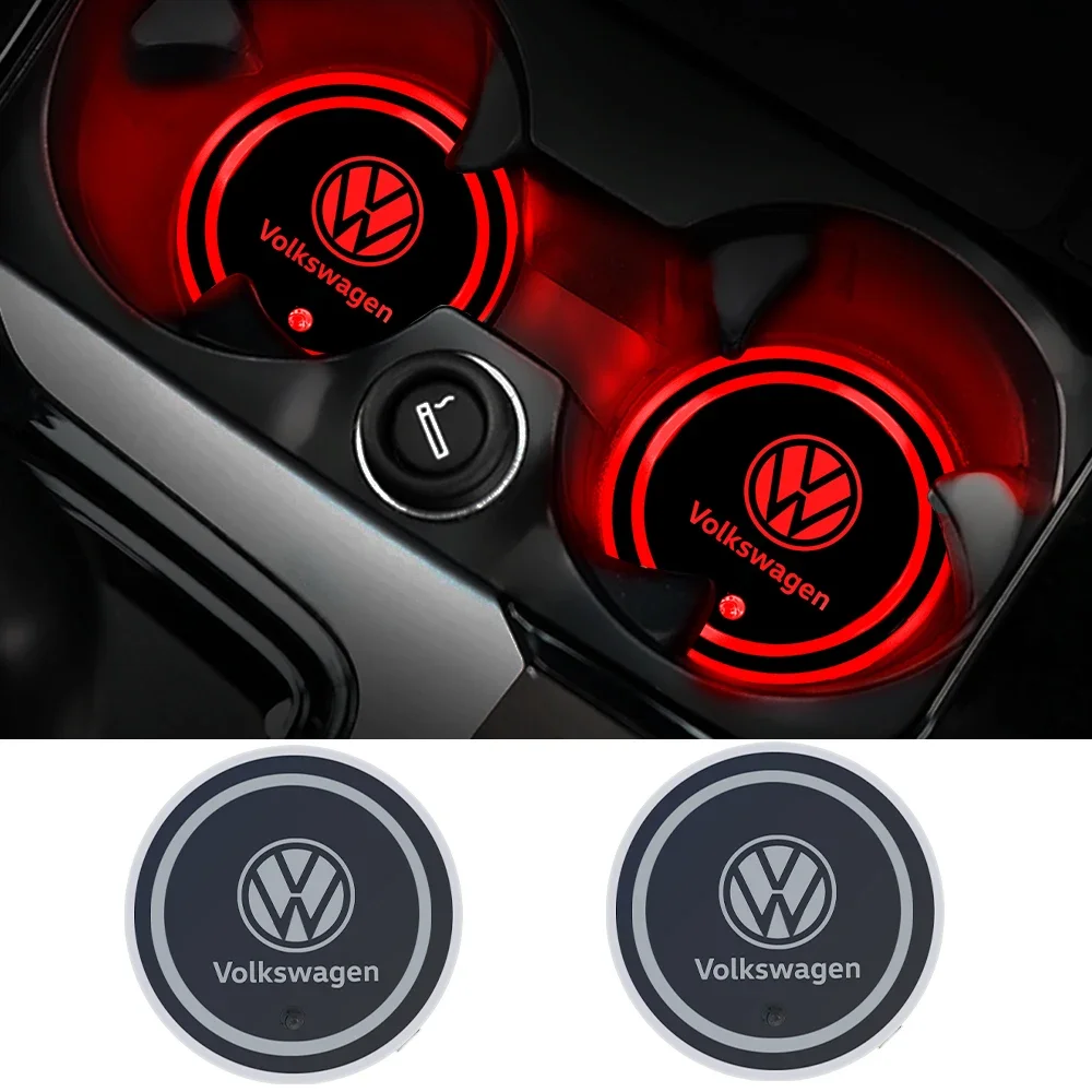 

2026 Hot For VW VOLKSWAGEN 2pcs/set Car Luminous Coasters Water Cup Mat Holder Auto Styling For VW GTI Jetta Golf Beetle CC EOS