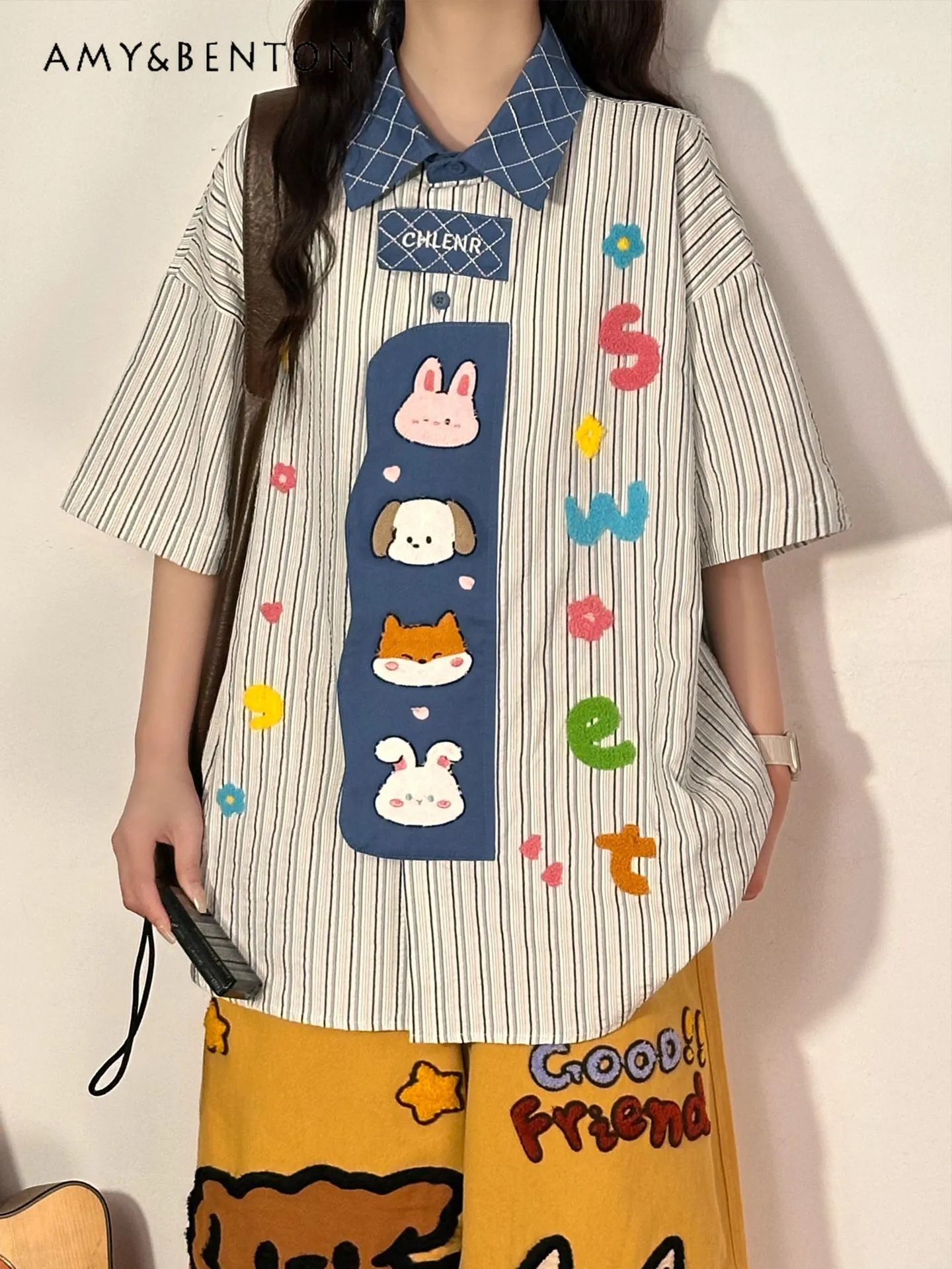 

Summer Japanese Campus Style Women Cute Cartoon Embroidery Striped Loose Casual Blue and Rose Red Lapel Short Sleeve Shirt