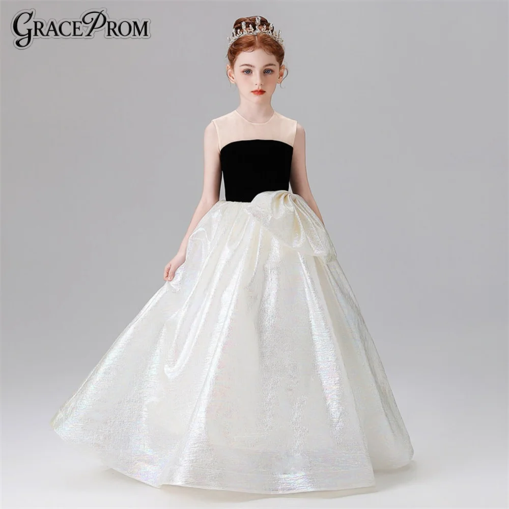 

Lovely Princess Style Black Velvet Top White Iridescent Skirt Flower Girl Dress Sheer Kids Formal Wedding Pageant Party Gown