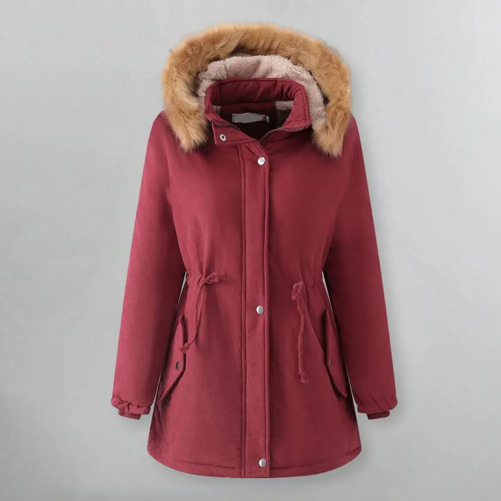 Women Autumn Winter Mid-length Coat Detachable Hooded Stand Collar Long Sleeve Jacket Solid Color Fleece Lining Outwear