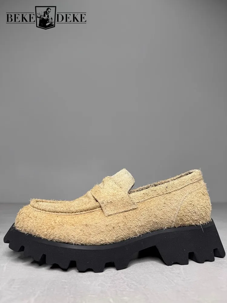 Japanese Style Retro Leisure Solid Color Cow Suede Mens Loafer Round Toe Handmade Slip On Hard-Wearing Platform Casual Shoes
