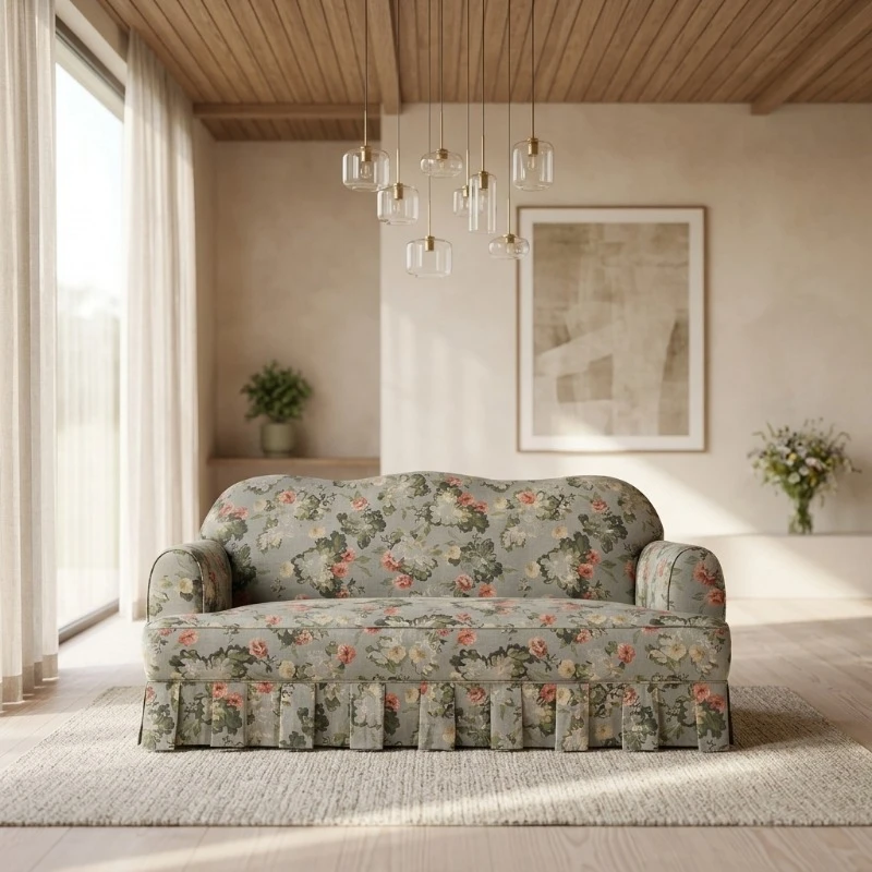 Vintage floral pattern sofa fabric sofa with pleated skirt