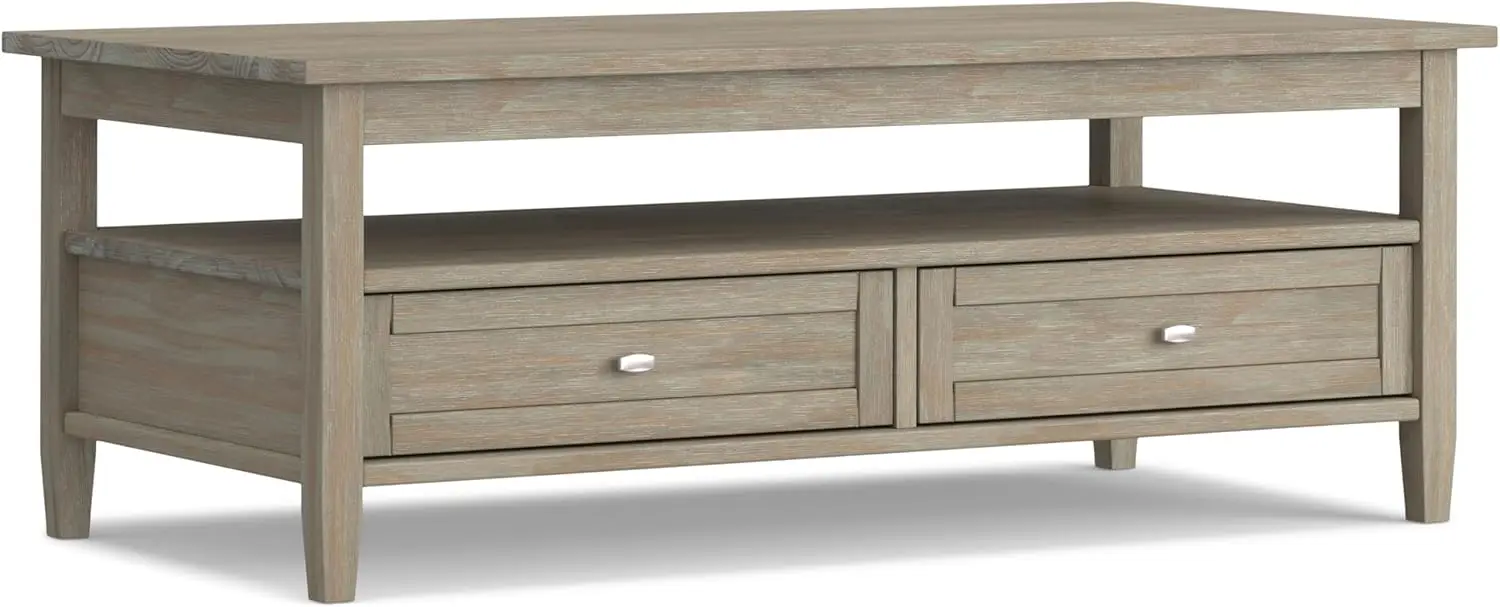 D 48 Inch Wide Rectangle Transitional Coffee Table in Distressed Grey, For the Living Room and F