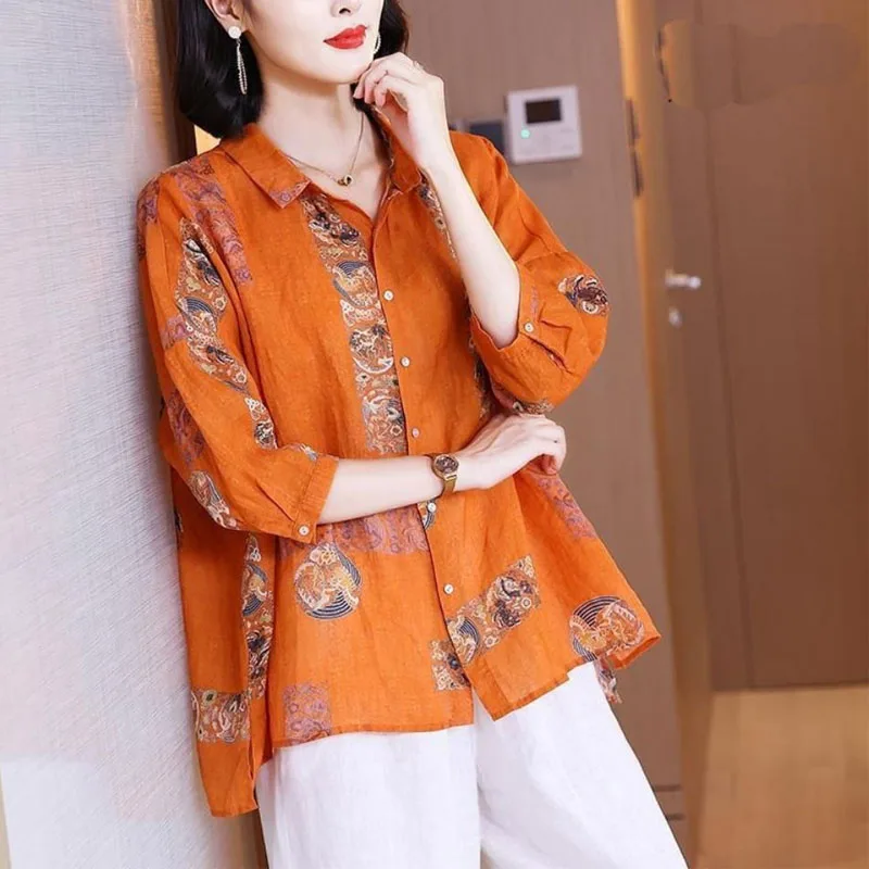 2022 Summer Fashion Turn-down Collar Vintage Printing Shirt Loose Commute Casual Single-breasted 3/4 Sleeve All-match Blouses