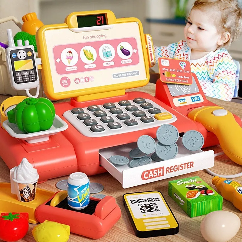 Supermarket Cash Register Toys Shopping Intelligent Recognition Pretend Play with Scanner Microphone Credit Card Toy for kids