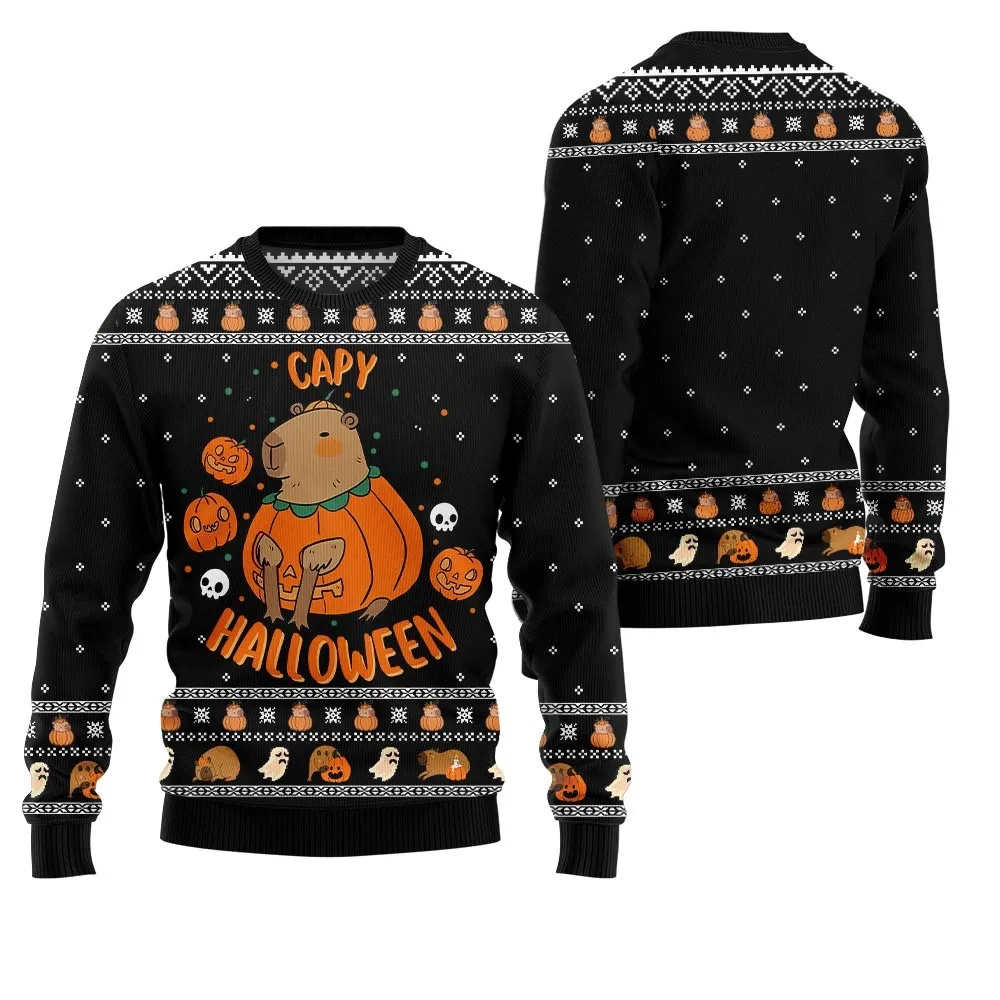 Unisex Printed Crew Neck Long Sleeve Warm Sweatshirt, Halloween Personalized Funny Sweater, Holiday Party Pullover
