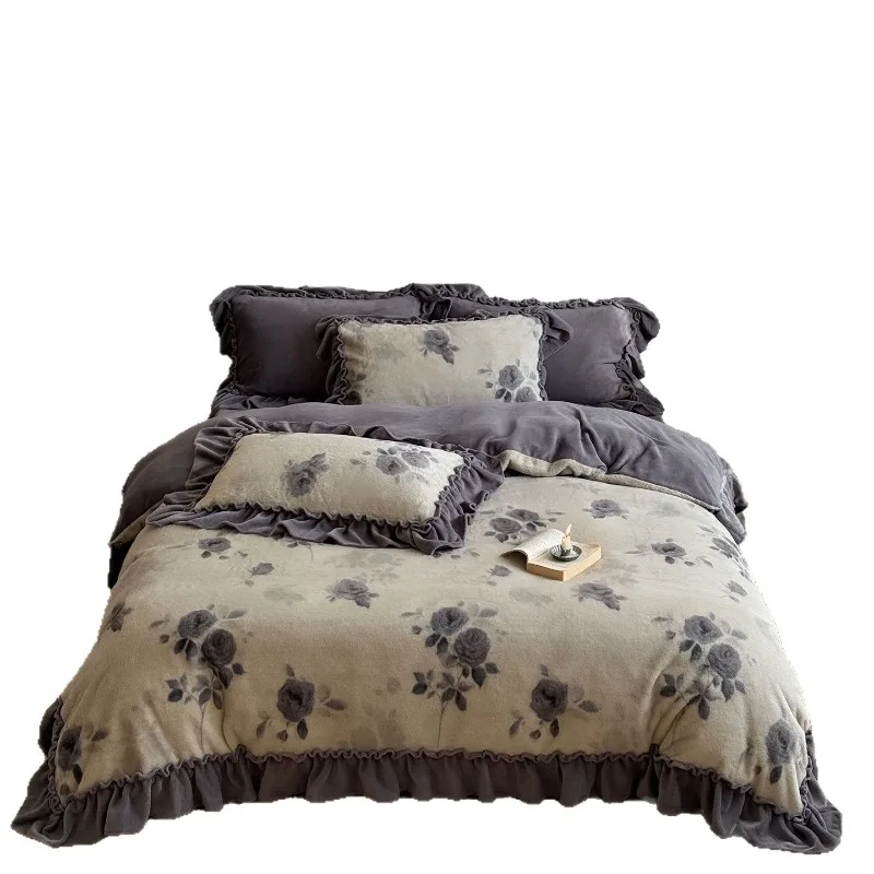 

French romantic lace milk fleece four-piece winter warm thickened cover printed princess style bedding