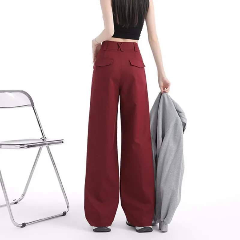 FINEWORDS High Waist Vintage Angola Red Jeans Women Korean Casual Streetwear Wide Leg Baggy Jeans Punk Washed Denim Pants