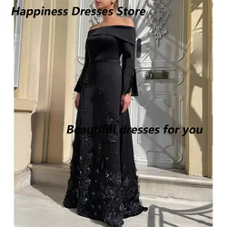 Black Evening Dress Customized Off Shoulder Long Sleeves Applique Floor Length A Line Prom Gown Jersey Saudi Arab Party Dress