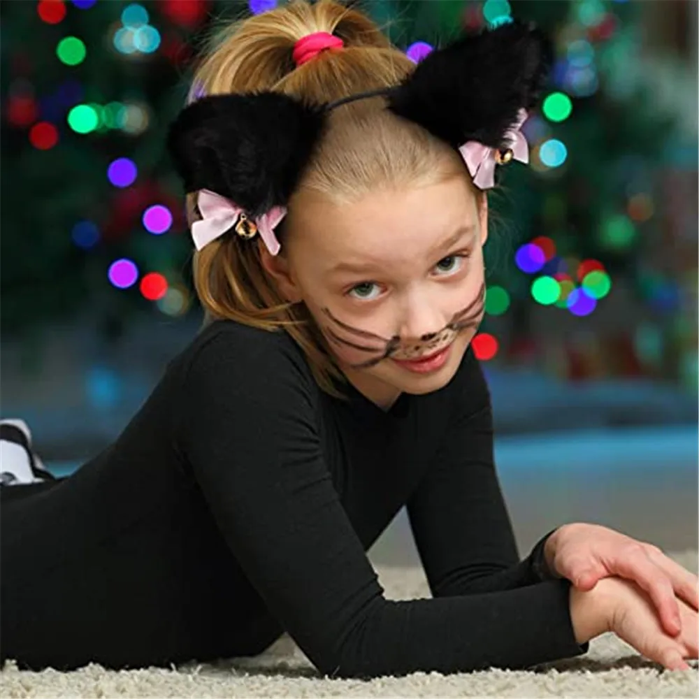 2 Pcs Plush Cat Ear Headband Make Up Fancy Dress With Bells Headwear Cute Furry Cat Ears Cosplay Hairband Costume Party