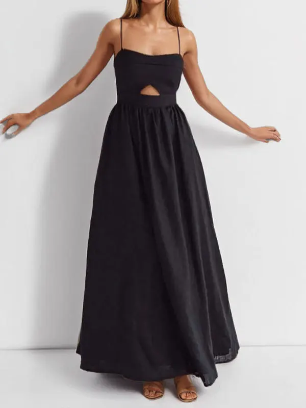 Spring 2026 Sexy Hollow out Split Big Swing Dress Women's Cross-Border High Waist Clean Fit Cotton Sleeveless Casual Dress