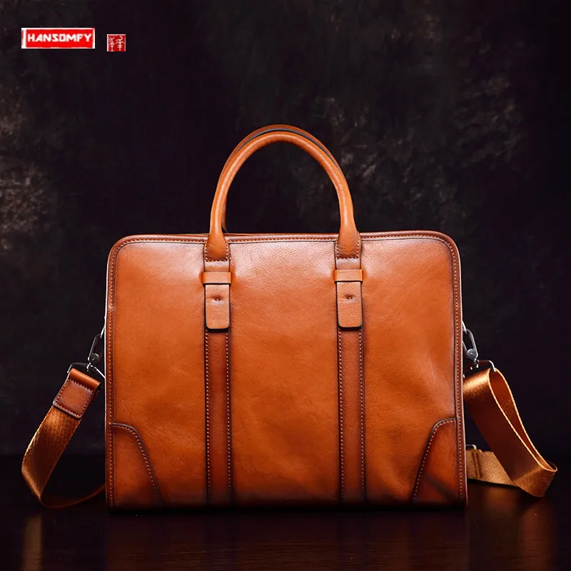 

Cowhide Leather Briefcase Men's Handbags Large Capacity 14-15 Inch Computer Bag Business Travel Shoulder Messenger Bags 2024 New