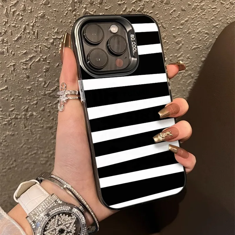 

Black and white striped design phone case for iPhone 16 15 14 13 12 11 Pro/ Max/Plus shock-proof rear cover anti-fingerprint