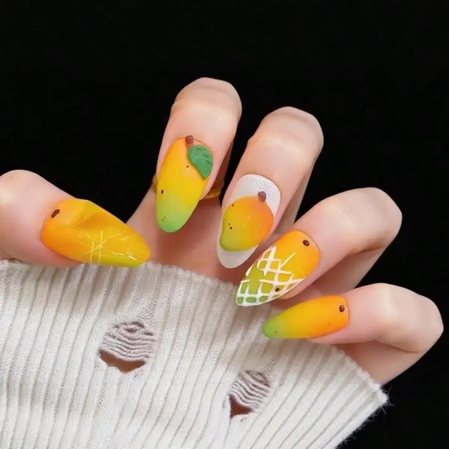 

24Pcs Almond Mango Press On Nails, Summer Vibrant, Reusable Full Cover, Jelly Glue & Nail File, For Daily Party Beach