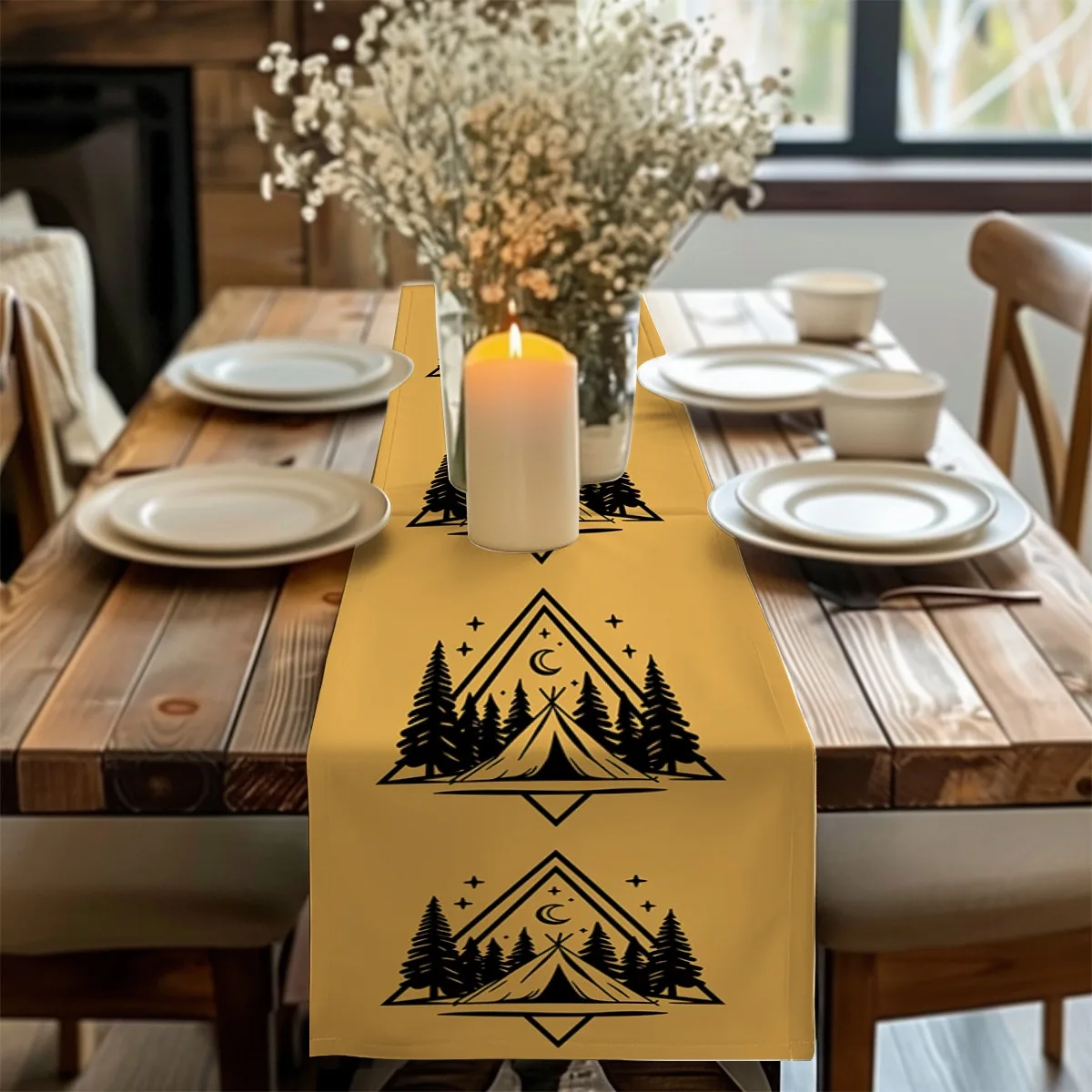 print table runner Night Camping Pine Trees Geometric Style Table Flag for Kitchen, Dining Room, Outdoor Garden Parties Polyeste
