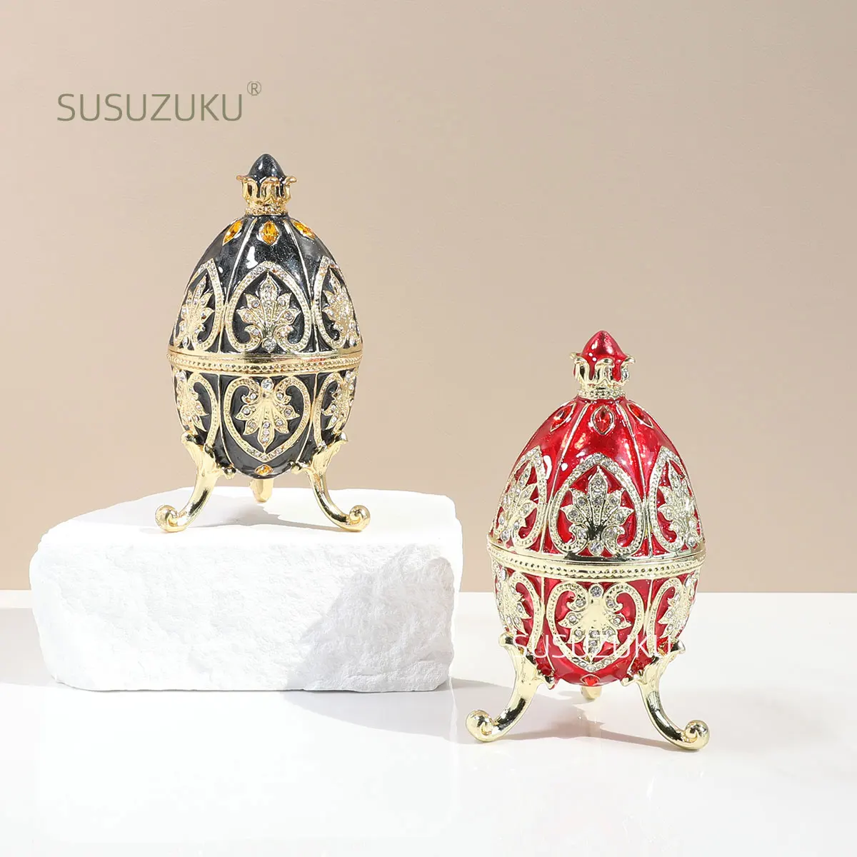 

1Pc Hand Painted Enameled Red Faberge Egg Style Decorative Trinket Box Hinged Unique Gift for Family