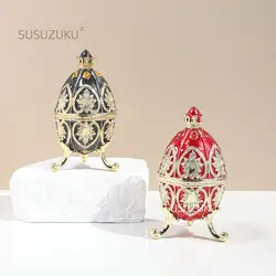 1Pc Hand Painted Enameled Red Faberge Egg Style Decorative Trinket Box Hinged Unique Gift for Family
