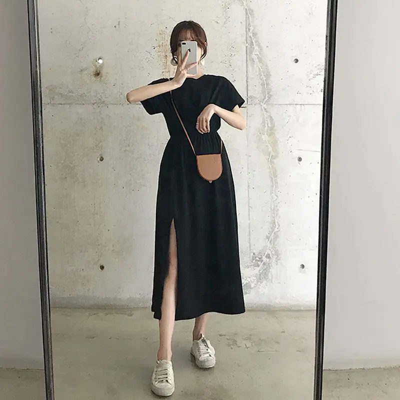 Sweet And Spicy Pleated Waist Slimming  Color Women's Summer New Casual Split Short Sleeve T-Shirt Midi Dress