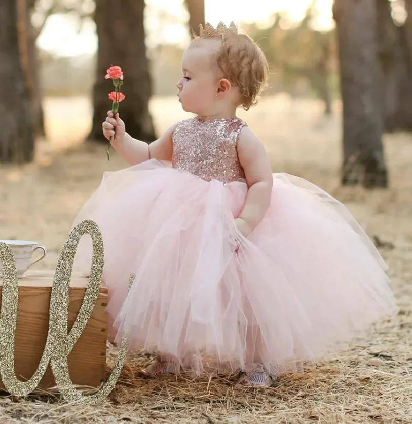 

Champagne Baby Girls Dresses Tulle Sequins O Neck Kids Birthday Dress New Year Christmas Prom Gown