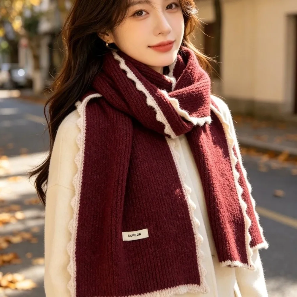 Thick Knitted Knitted Scarf Korean Design Warm Lock Edge Neck Warmer Coldproof Fabric Imitation Wool Yarn Contrast Scarf