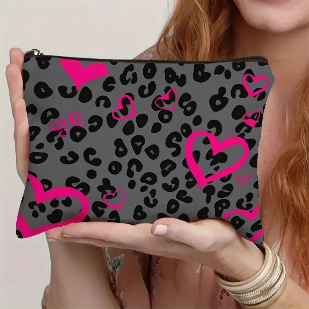 1pc Leopard Print and Pink Heart Pattern Makeup Bag Cosmetic Storage Bag Portable Toiletry Organizer Ideal Travel Fashion Gifts