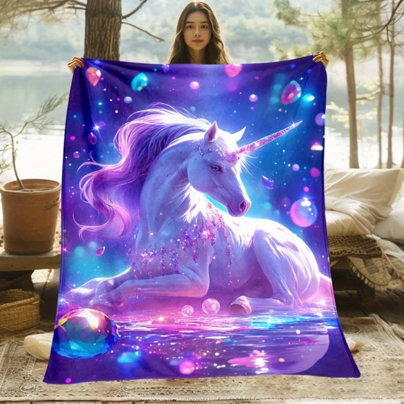 Purple Glitter Galaxy Water Unicorn Print Flannel Throw Blanket, Soft Magical Blanket for Girls Bedroom Couch Home Decor