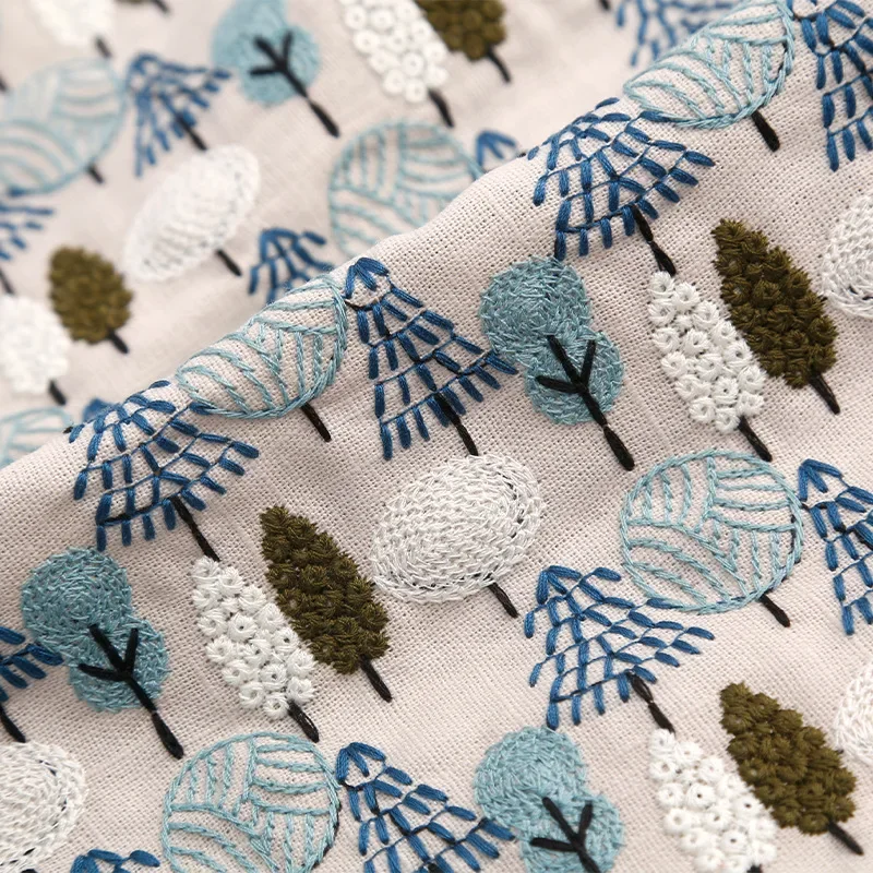 Cotton Linen Forest Tree Embroidered Fabric Dress Bag Home Textile Decoration Diy Sewing Fabric