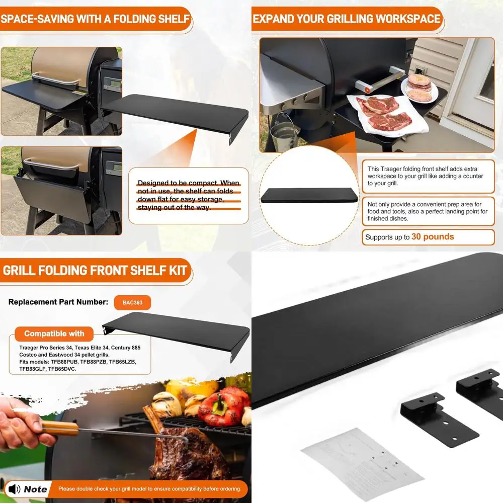 

Heavy-Duty Folding Front Shelf for Traeger Pro 34, Texas Elite 34, Century 885, Eastwood 34 Pellet Grills - 37 x 12 Accessory
