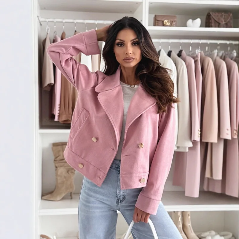 سليم صالح الخريف المرأة الجلد المدبوغ أبلى تقسم التلبيب طوق مزدوجة الصدر جيوب الإناث سترة أنيقة مزاجه معطف لسيدة