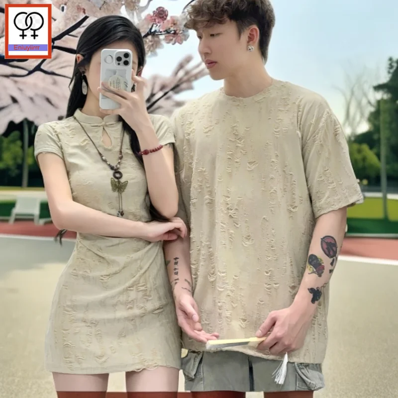 Matching Couple Clothes Outfits Male Female Lovers Holiday Valentine's Date Honeymoon Retro Vintage Cotton T-Shirt Dress