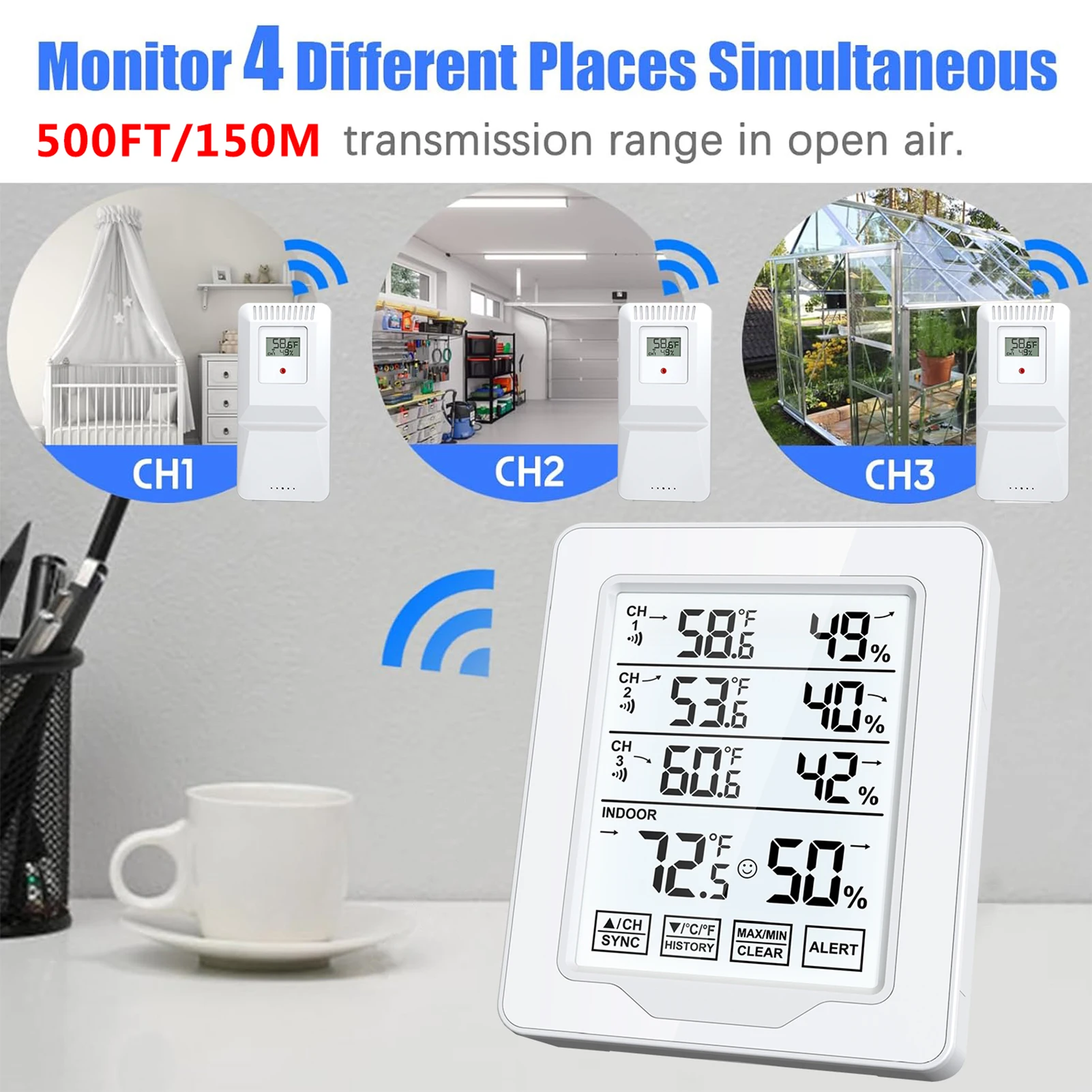 

Indoor Outdoor Thermometer Humidity Monitor 500ft/150m Range with 3 Remote Sensors White Backlight Hygrometer Thermometer