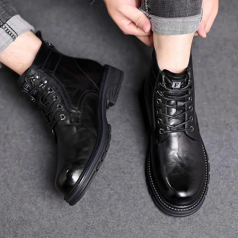 Luxury Quality Designer Vintage Cow Leather Men Snow Boots Business Genuine Leather Men Boots Lace Up Outdoor Motorcycle Boots