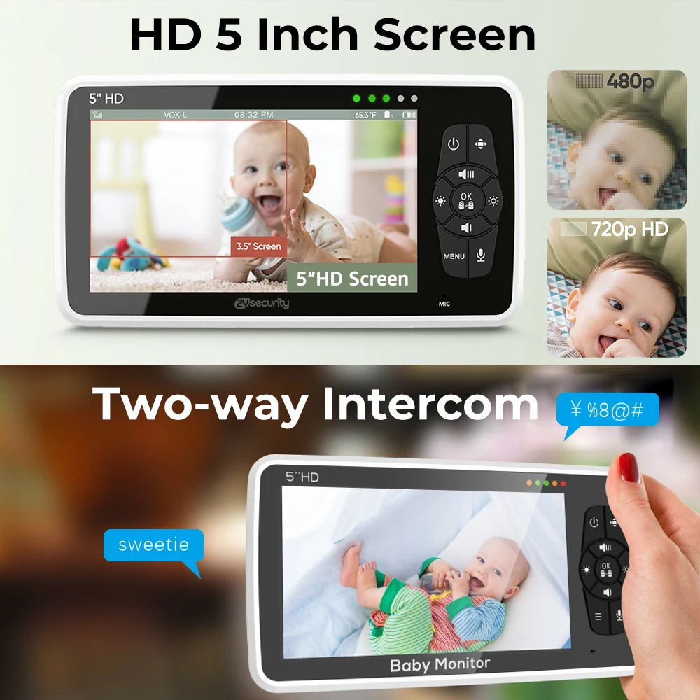 5 Inch Video Baby Monitor with Camera and Audio, 4X Zoom, 22Hrs Battery, 1000ft Range 2-Way Audio Temperature Sensor Babyphone