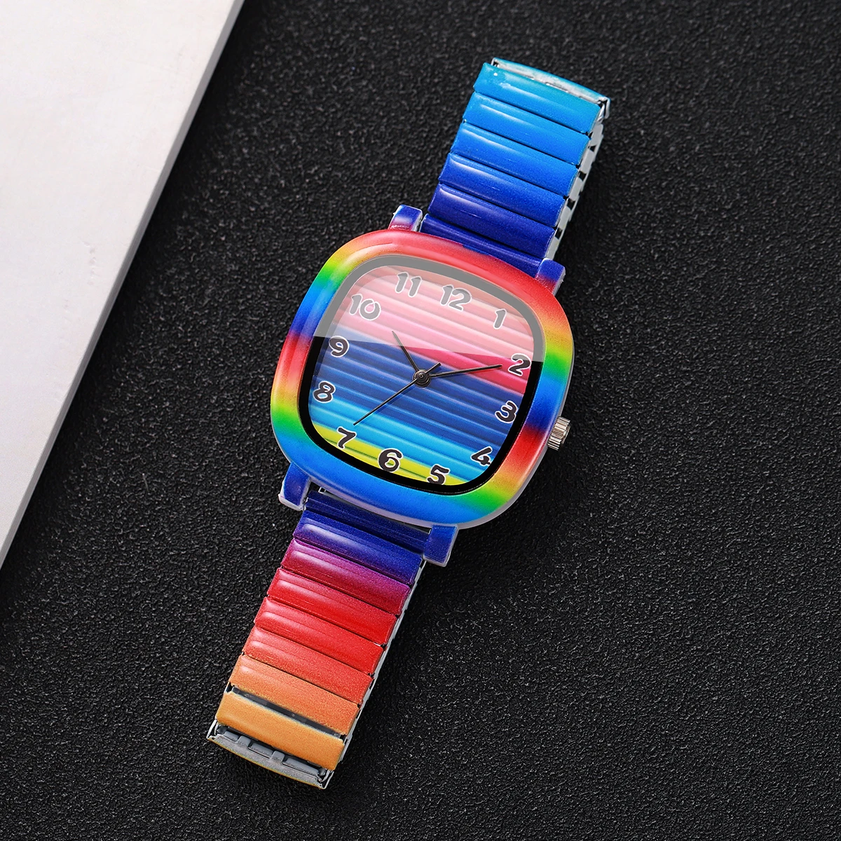 Fashion Rainbow Elastic Stretch Band Women Watches Square Girls Dress Wristwatch Clock Gift Relogio Feminino（Without Box） - view 5