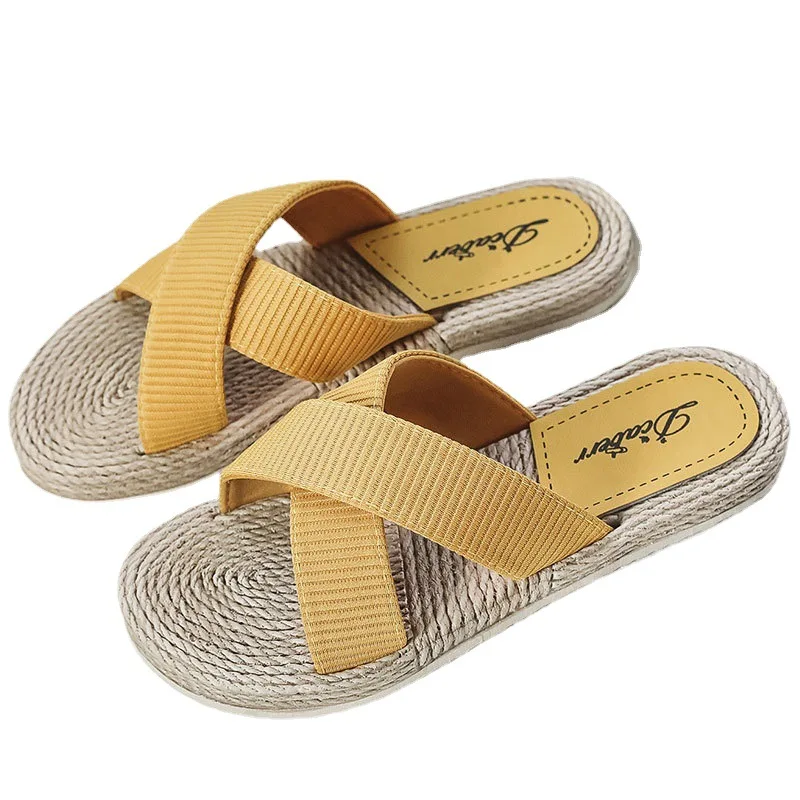 2022 Summer Cross Hemp Thong Platform Wedges Women Slippers Indoor Outdoor Beach Slides High Heels Basic Shoes for Women