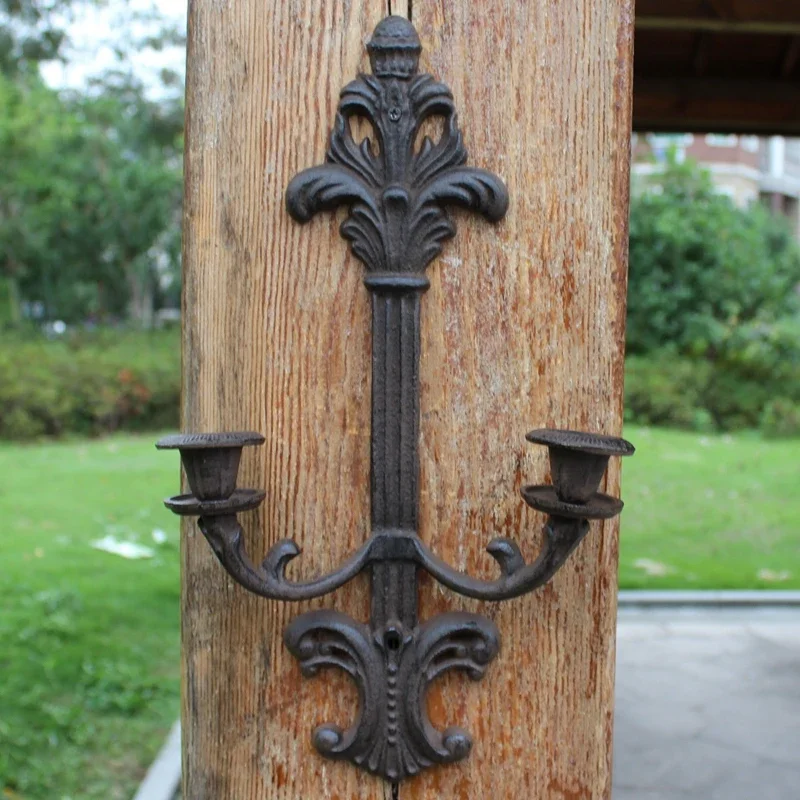 Cast Iron Wall Mounted Stick Candle Holders With Two Bases Large Vintage Countryside Style Rustic Color  For Home Decoration