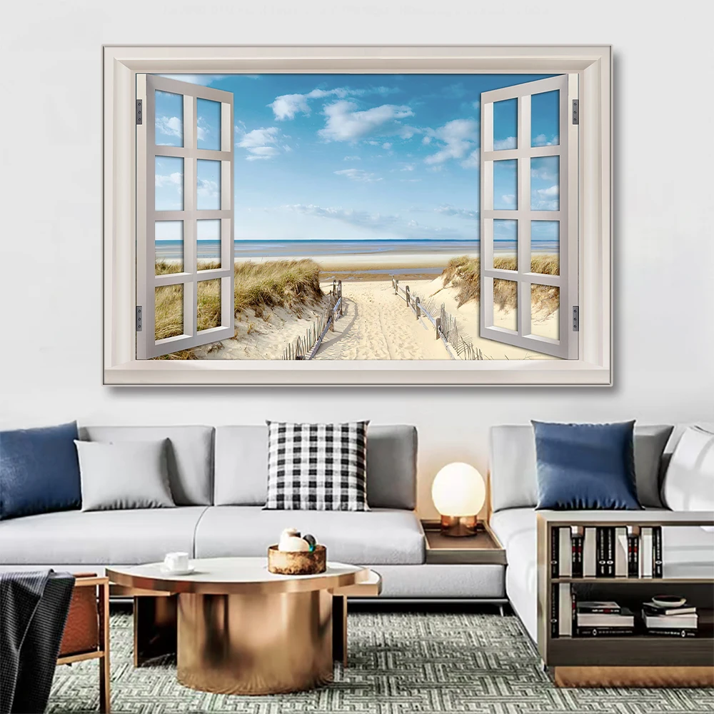Nordic 3D Window View Beach Wall Painting Modern Seaside Landscape Canvas Poster for Living Room Home Decor Cuadros No Frame