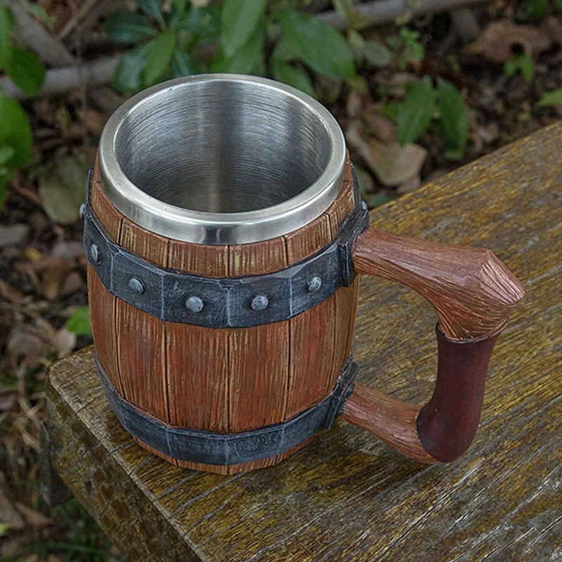 Mug Coffee Cup Tea Cup,Personalized Imitation Wooden Barrel With Leather Handle,Largecapacity Bar Mug Drinking Cup 600Ml