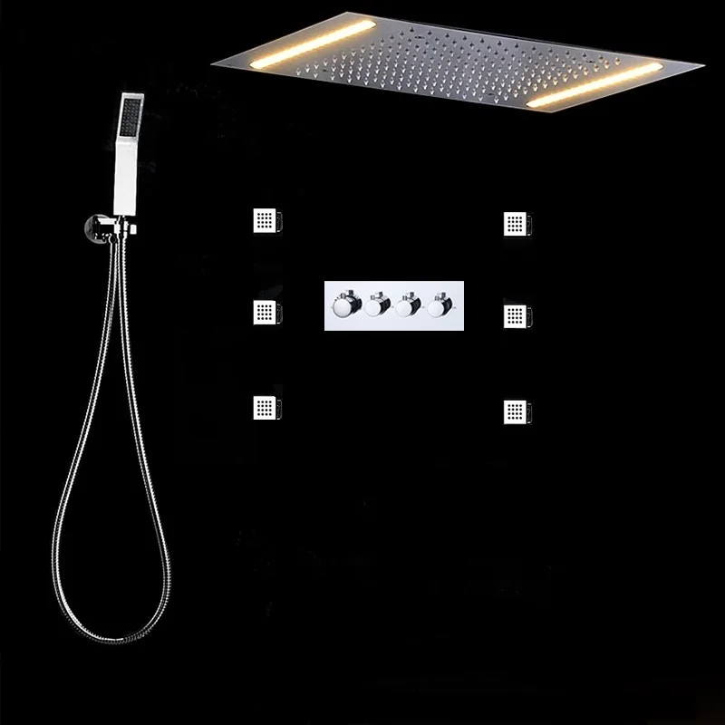 Modern Ceiling Hotel Bathroom Complete Head Wall Jets Hand Bath Rain Shower LED Thermostatic Faucet Mixer Set