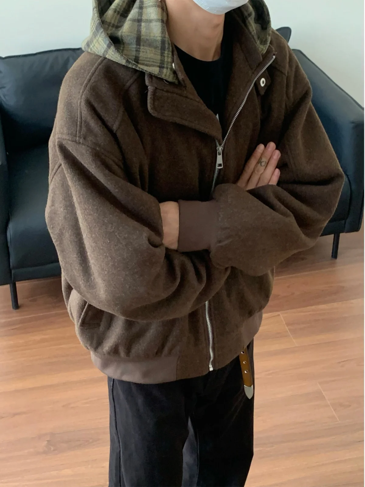 

Retro American Coffee-Colored Men's Cotton Jaet Winter Woolen Two Cotton ort Thi Warm Plaid Hooded Cotton Coat